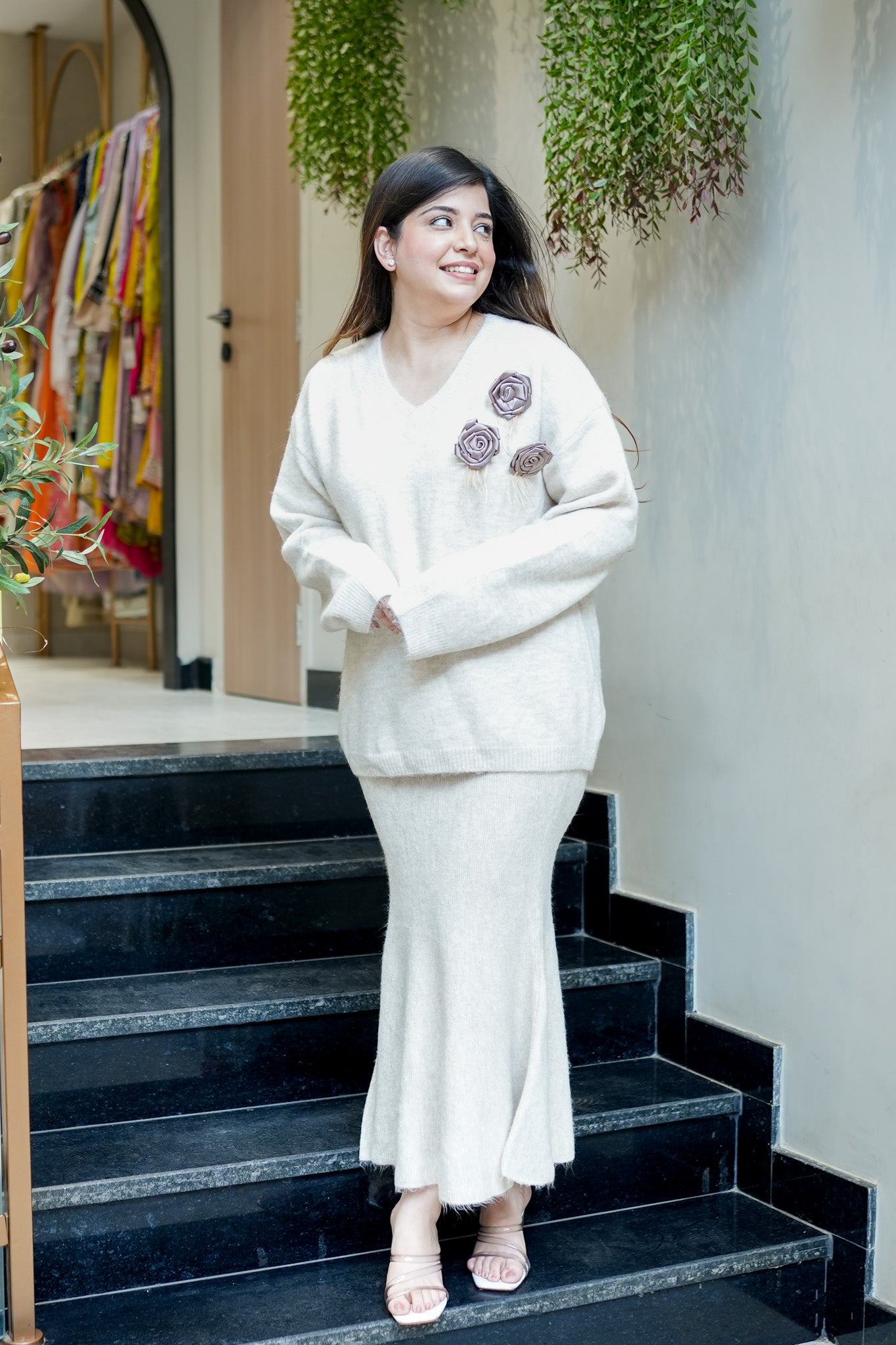 Hazel Flower Detailing Woollen Skirt Set