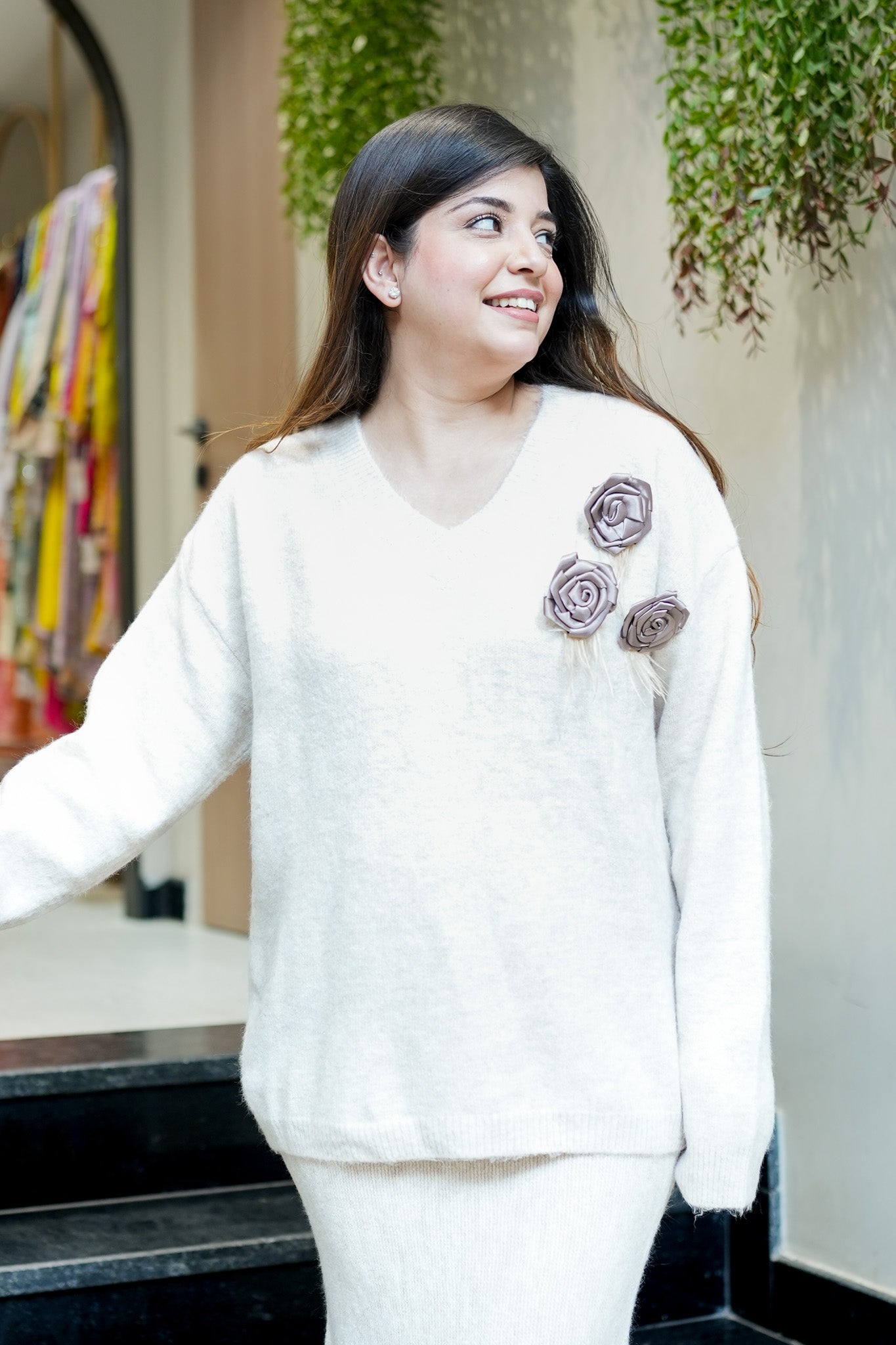 Hazel Flower Detailing Woollen Skirt Set