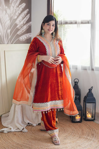 Vibha Orange Velvet Suit Set