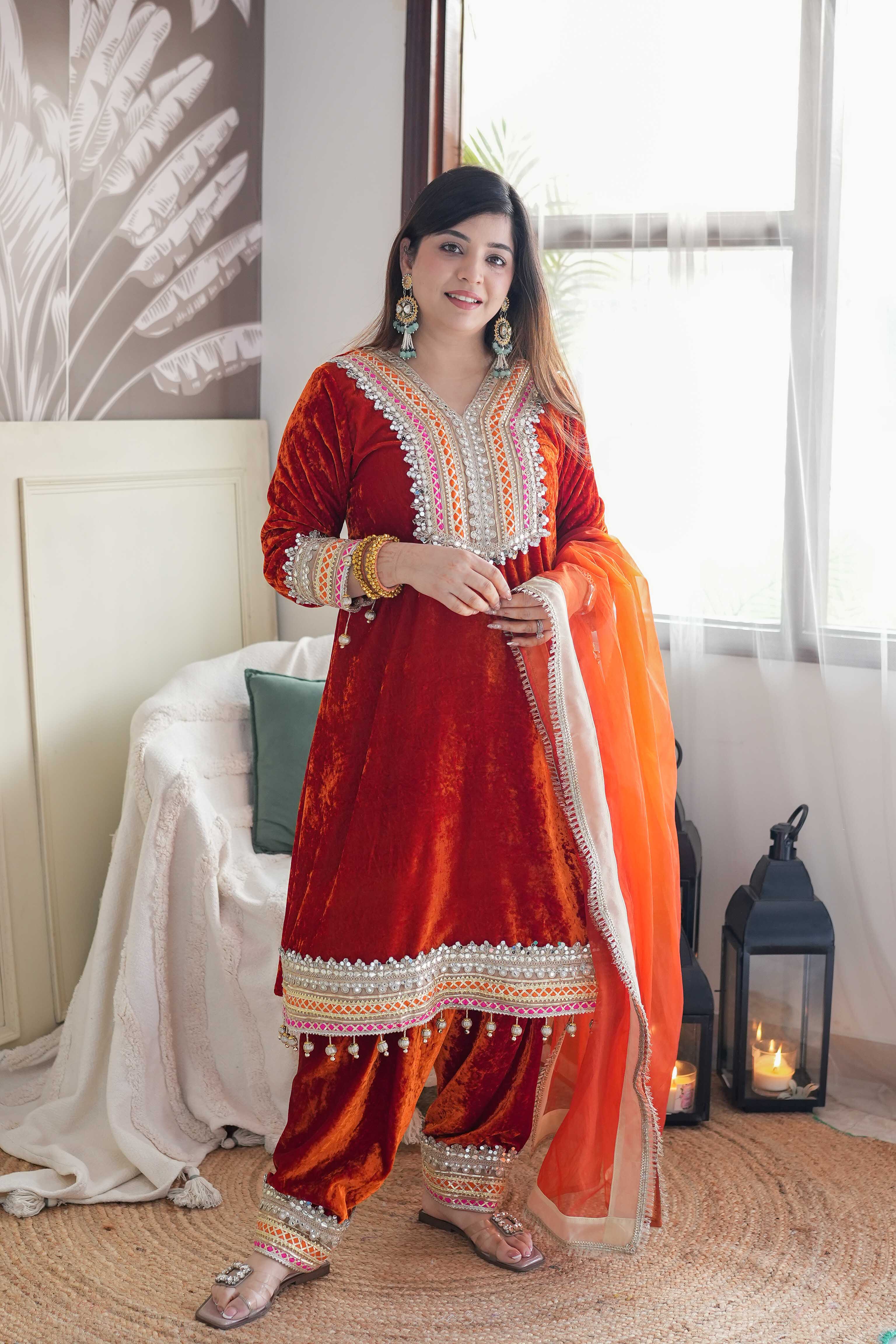 Vibha Orange Velvet Suit Set