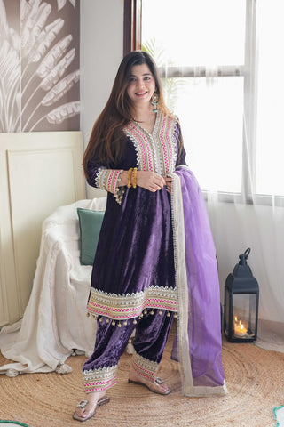 Vibha Purple Velvet Suit Set