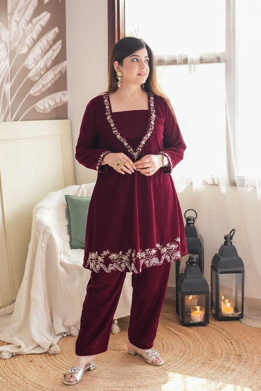 Veerhi Maroon Three Pice Velvet Cord Set