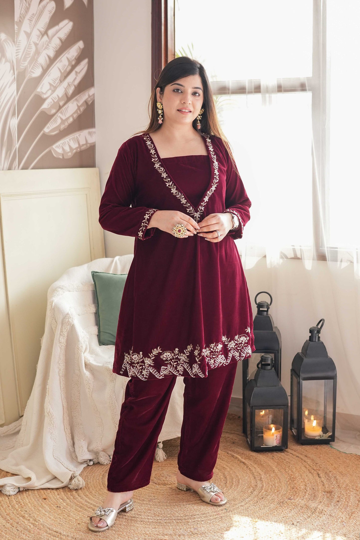 Veerhi Maroon Three Pice Velvet Cord Set