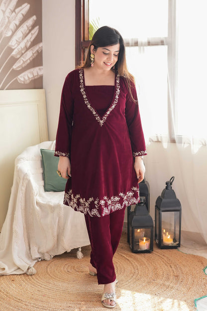 Veerhi Maroon Three Pice Velvet Cord Set