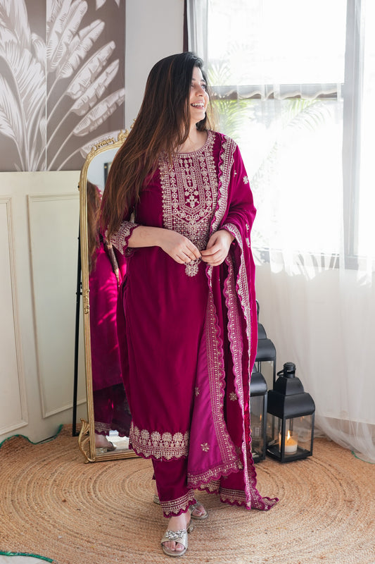 Neeti Wine Embroidered Velvet Suit Set