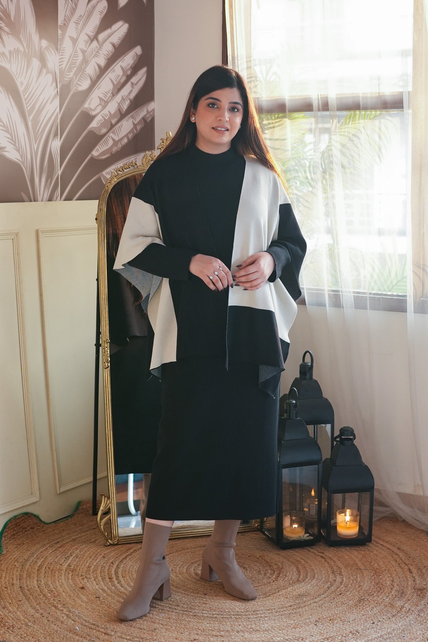 Norie Black Woollen Dress With Cape