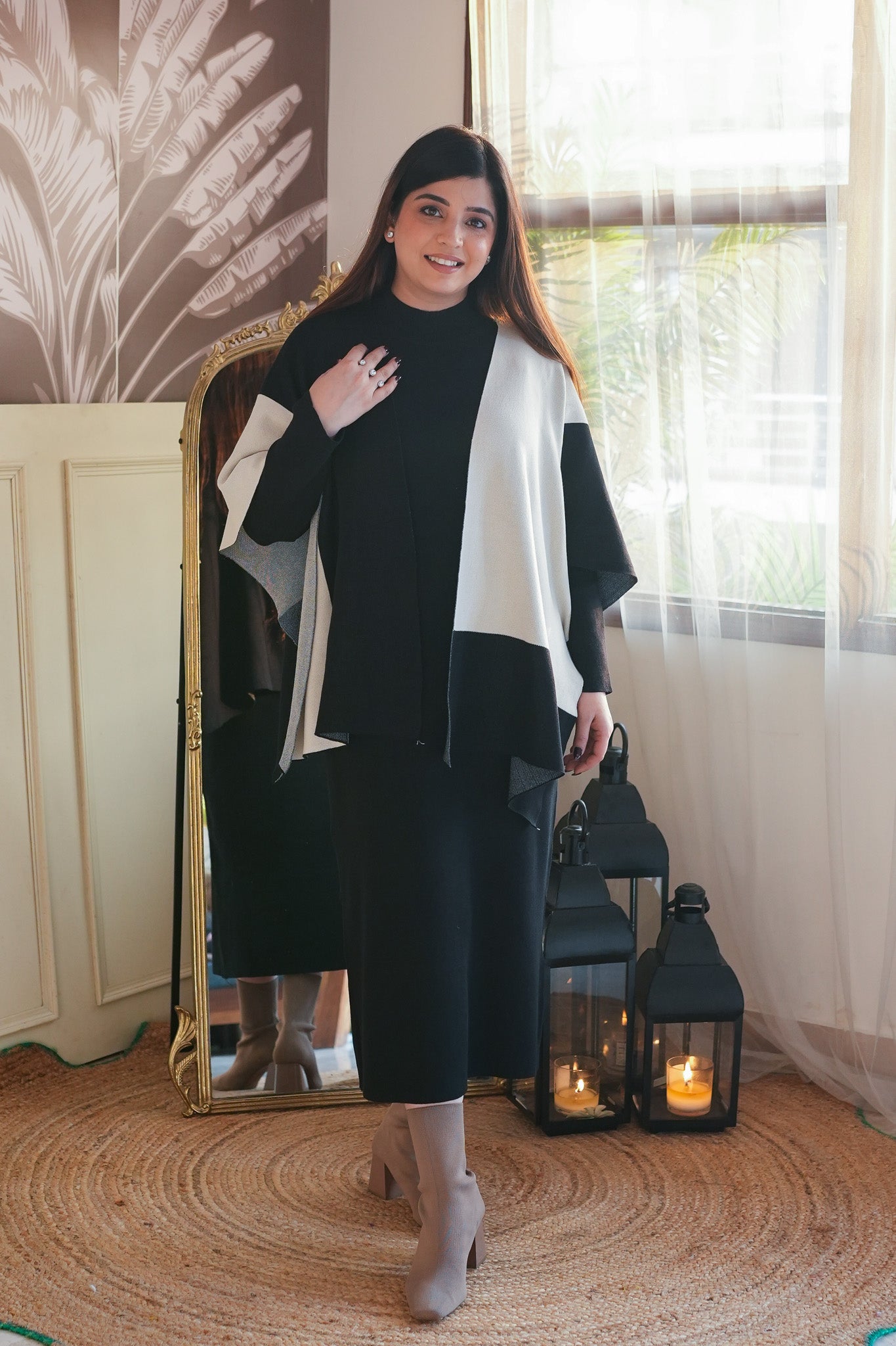 Norie Black Woollen Dress With Cape