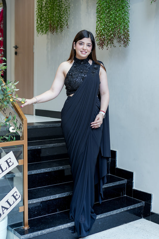 Syraa Black Embroidred Halter Neck Drape Saree