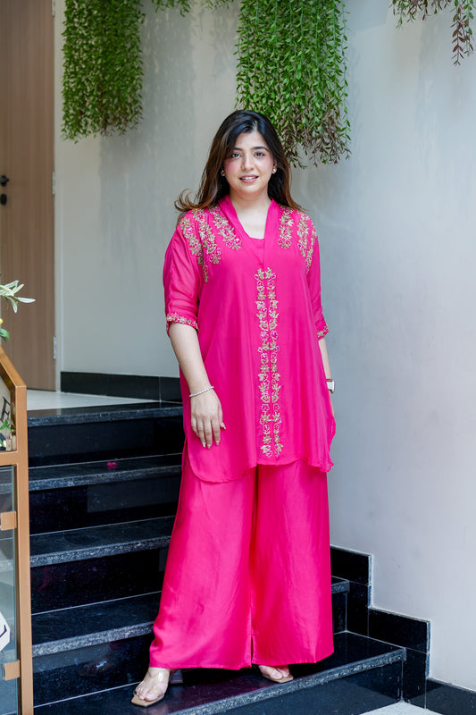 Mira Hot Pink Hand Embroidred Cord Set