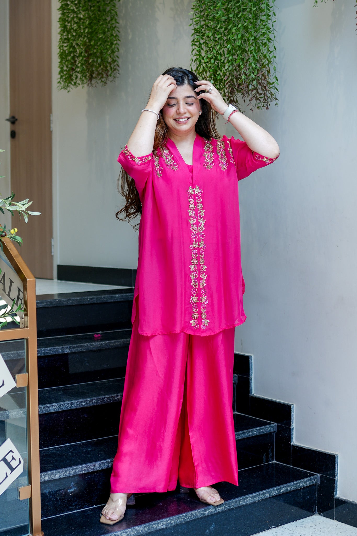 Mira Hot Pink Hand Embroidred Cord Set