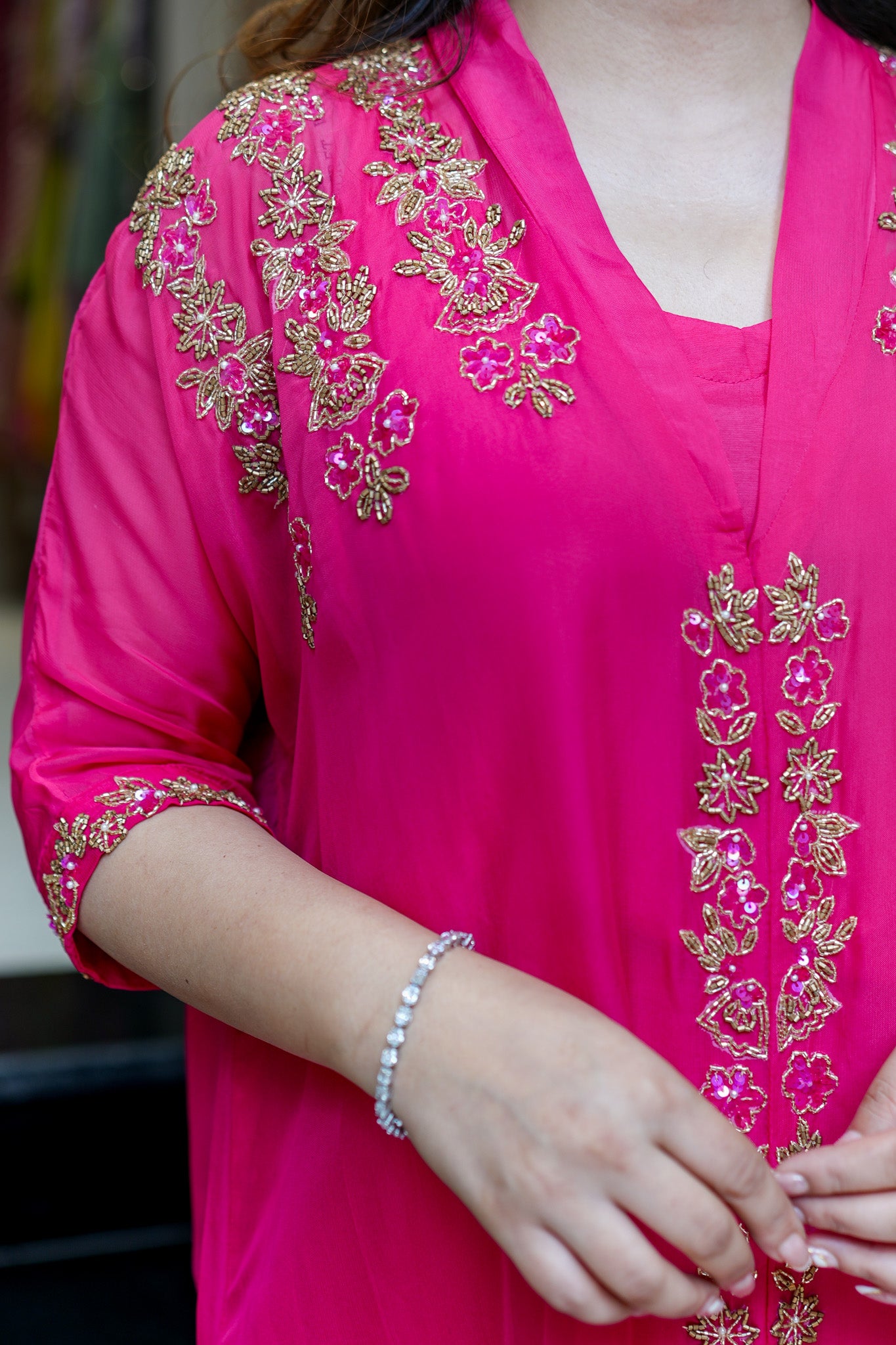 Mira Hot Pink Hand Embroidred Cord Set