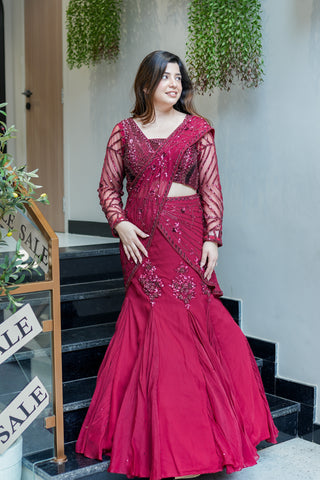 Viha Wine Embroidered Fish Cut Drape Saree