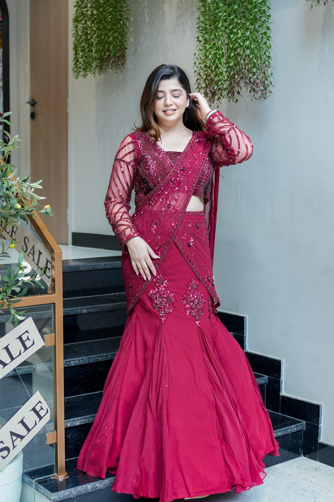 Viha Wine Embroidered Fish Cut Drape Saree
