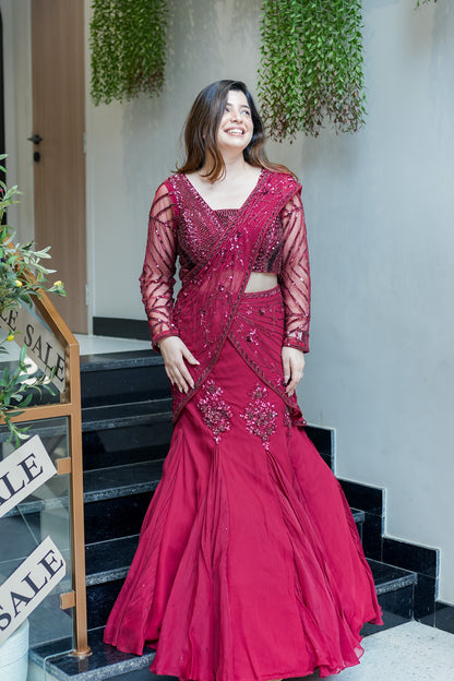 Viha Wine Embroidered Fish Cut Drape Saree