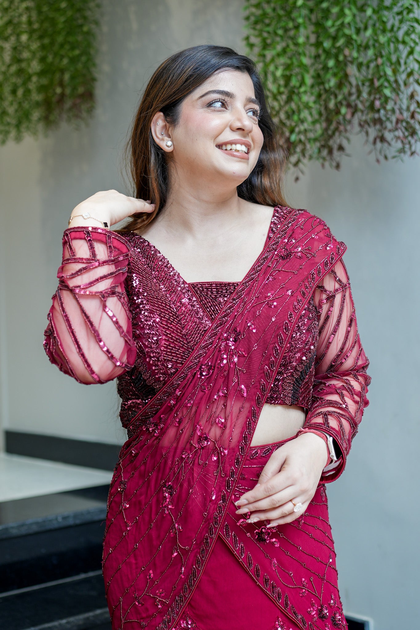 Viha Wine Embroidered Fish Cut Drape Saree