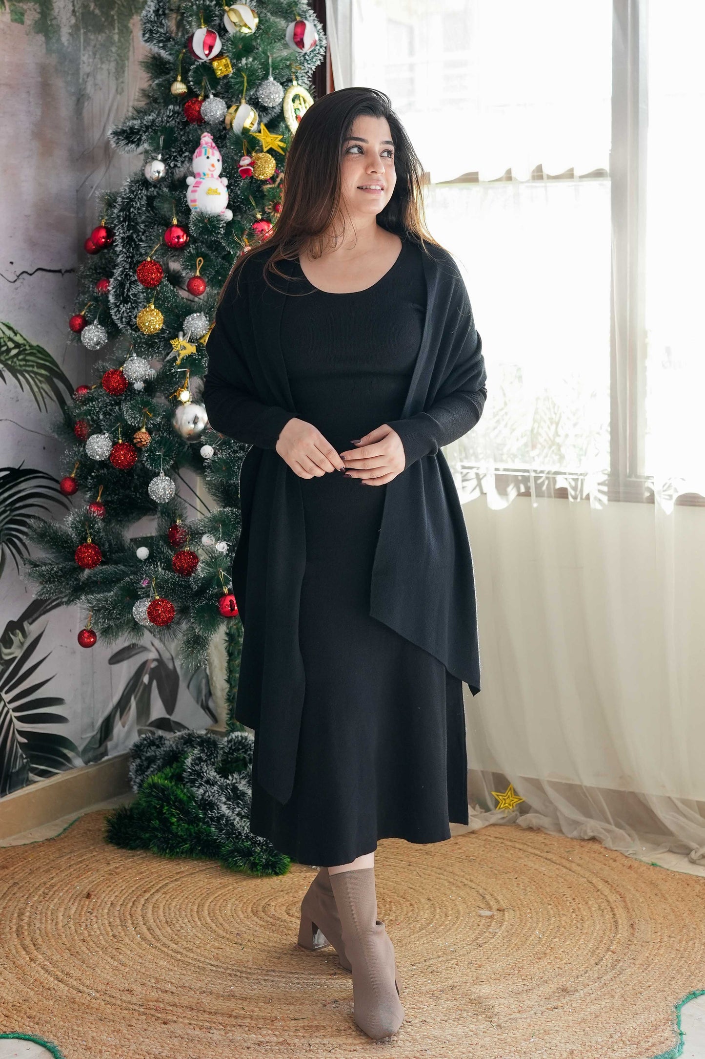 Aster Woollen Long Dress With Scarf