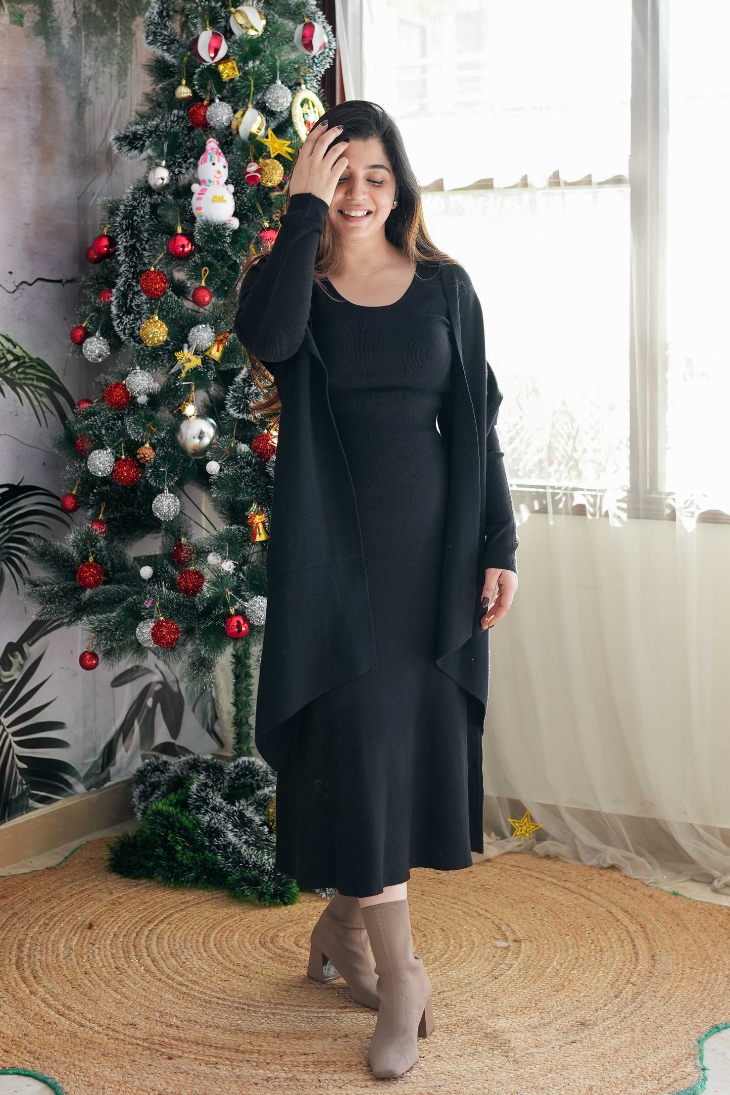 Aster Woollen Long Dress With Scarf