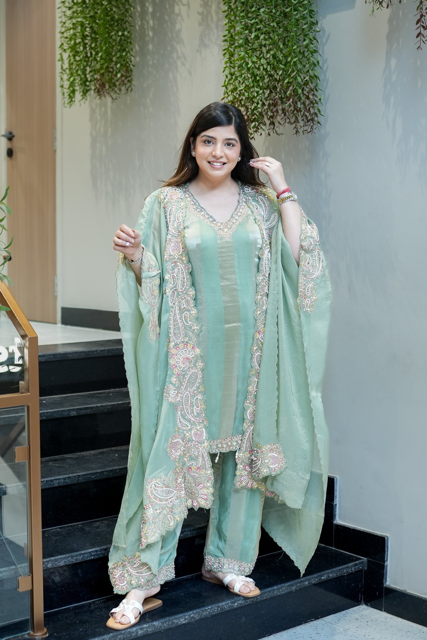 Avana Hand Embroidered Suit Set with Cape Style Dupatta