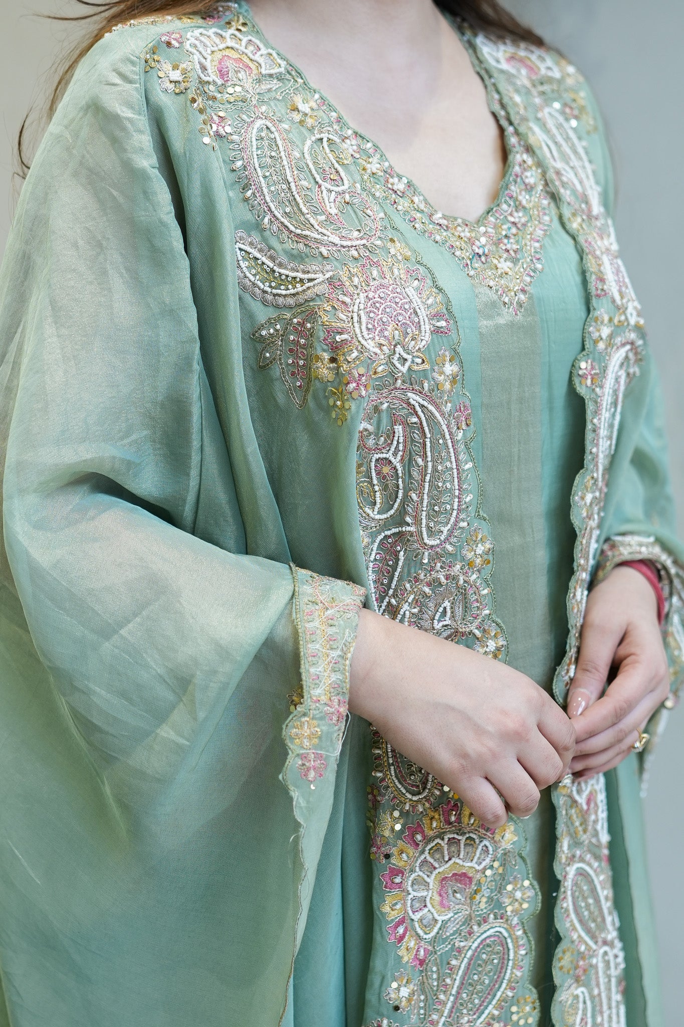 Avana Hand Embroidered Suit Set with Cape Style Dupatta