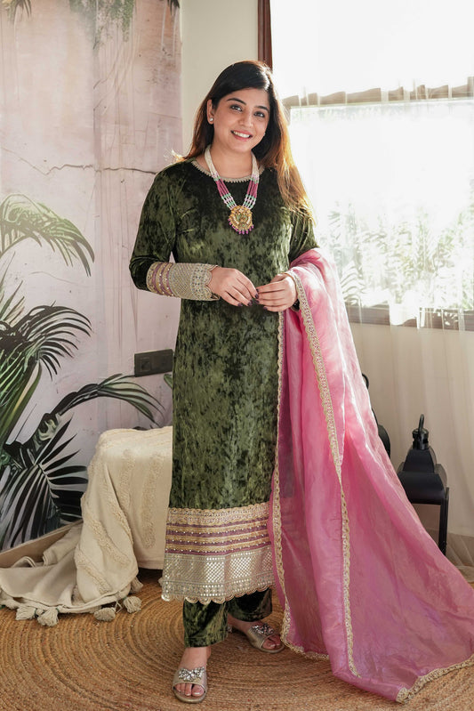 Raina Olive Velvet Suit Set