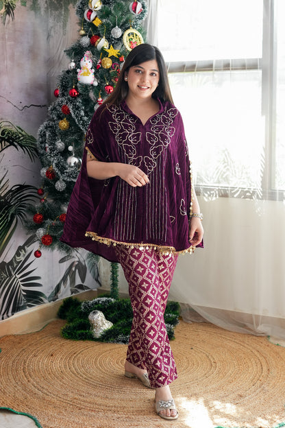 Inara Wine Velvet Co-ord Set with Banarasi Pants