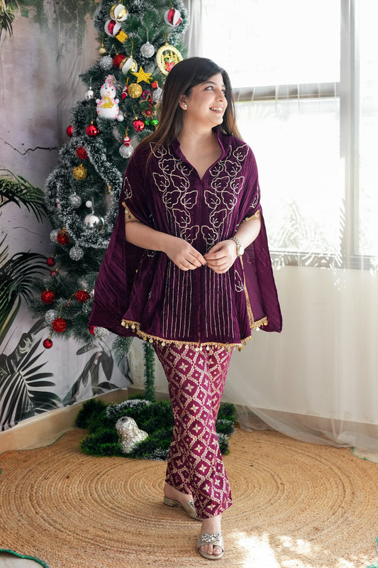 Inara Wine Velvet Co-ord Set with Banarasi Pants