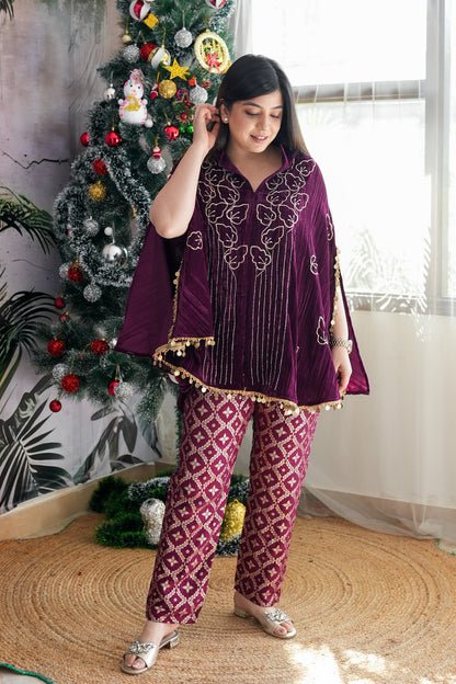 Inara Wine Velvet Co-ord Set with Banarasi Pants