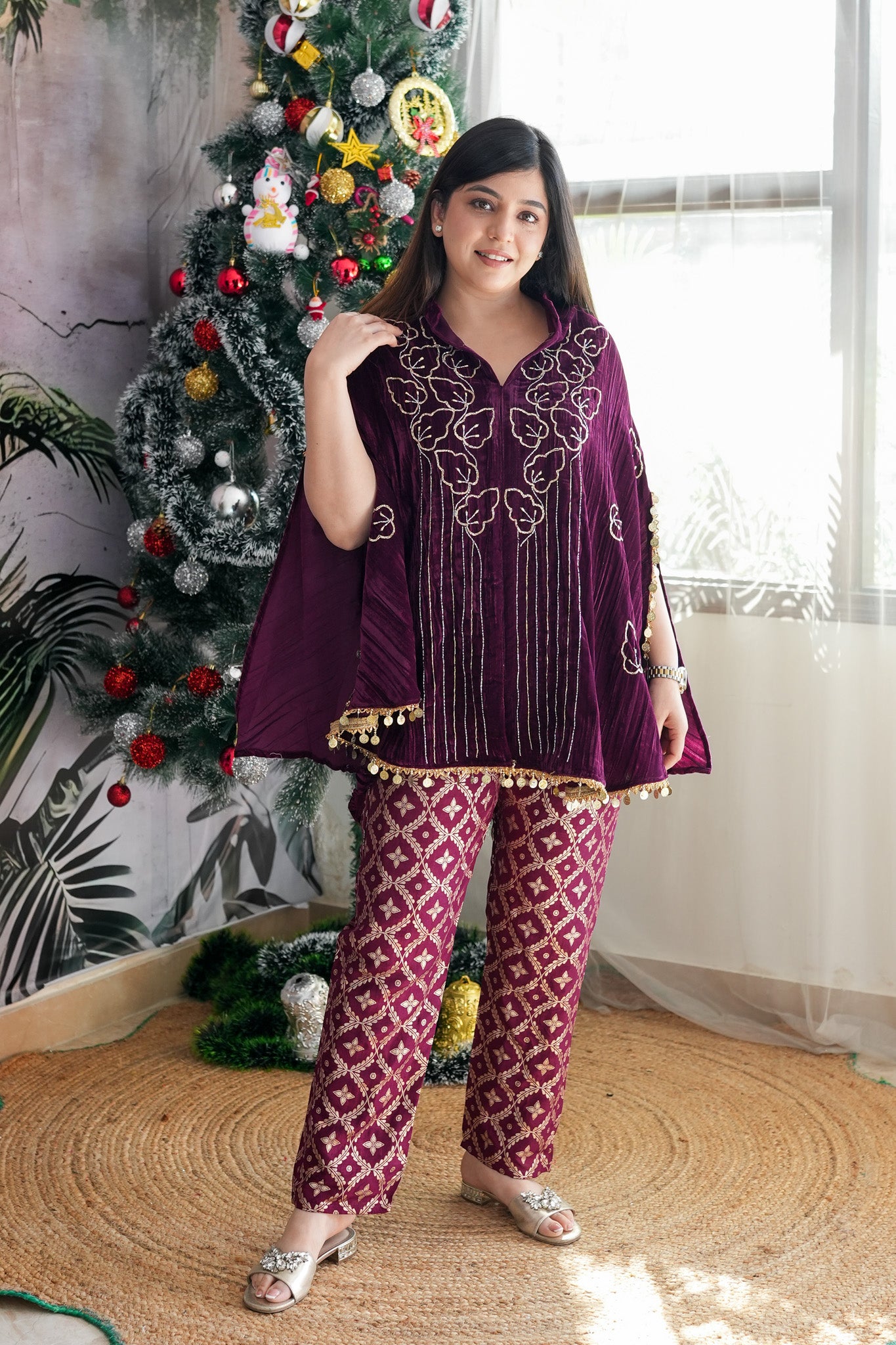 Inara Wine Velvet Co-ord Set with Banarasi Pants