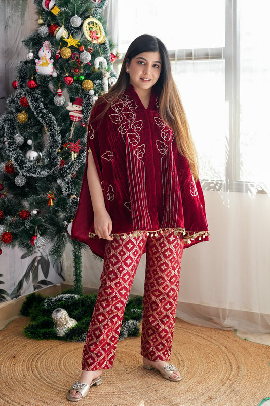 Inara Maroon Velvet Co-ord Set with Banarasi Pants