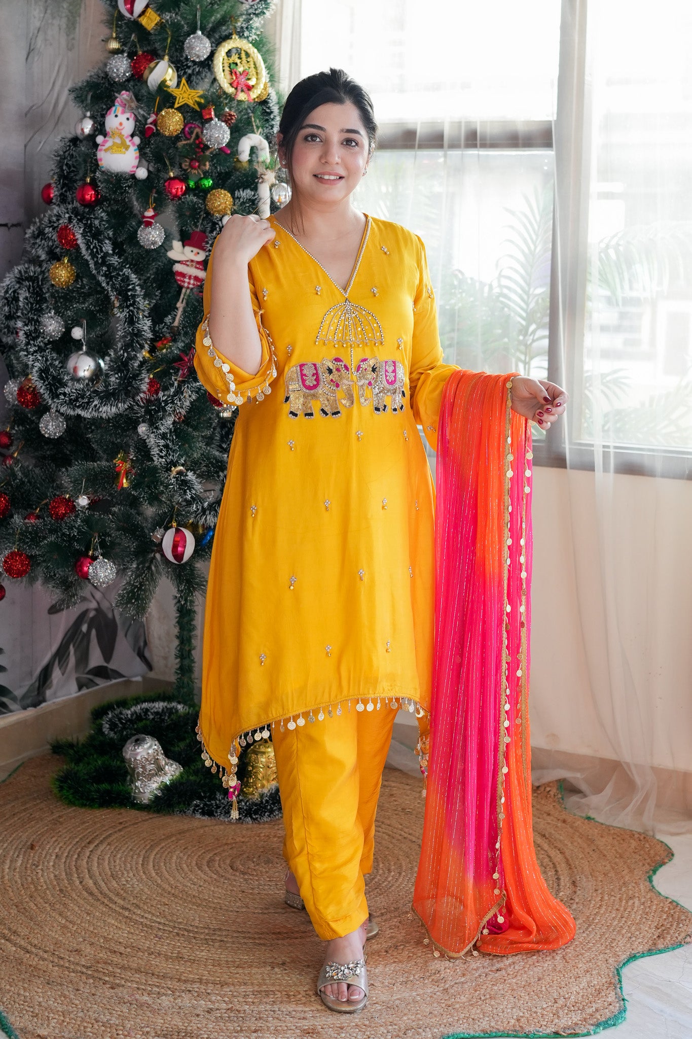 Inayat Yellow Suit With Pink Dupatta