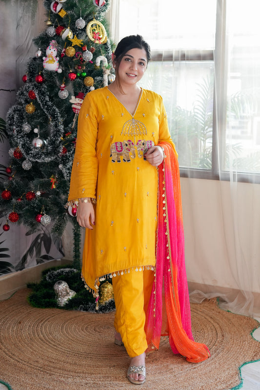 Inayat Yellow Suit With Pink Dupatta