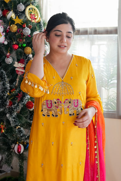 Inayat Yellow Suit With Pink Dupatta