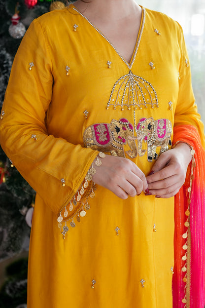 Inayat Yellow Suit With Pink Dupatta