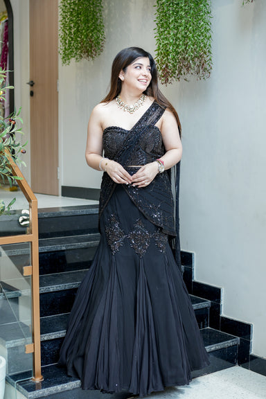 saree cut dress Pre Draped Saree Style Dress with Attached dupatta & Belt