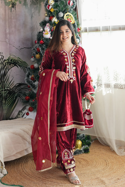 Simar Maroon Velvet Embroidered Suit with Potli Bag