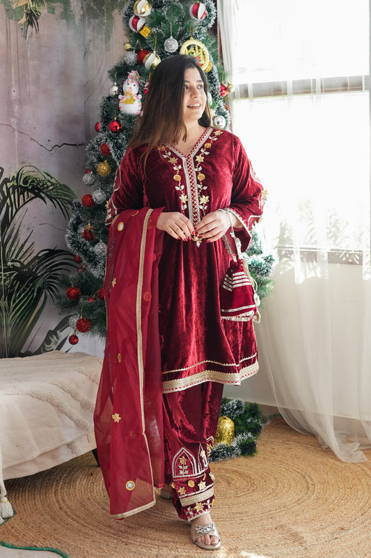 Simar Maroon Velvet Embroidered Suit with Potli Bag