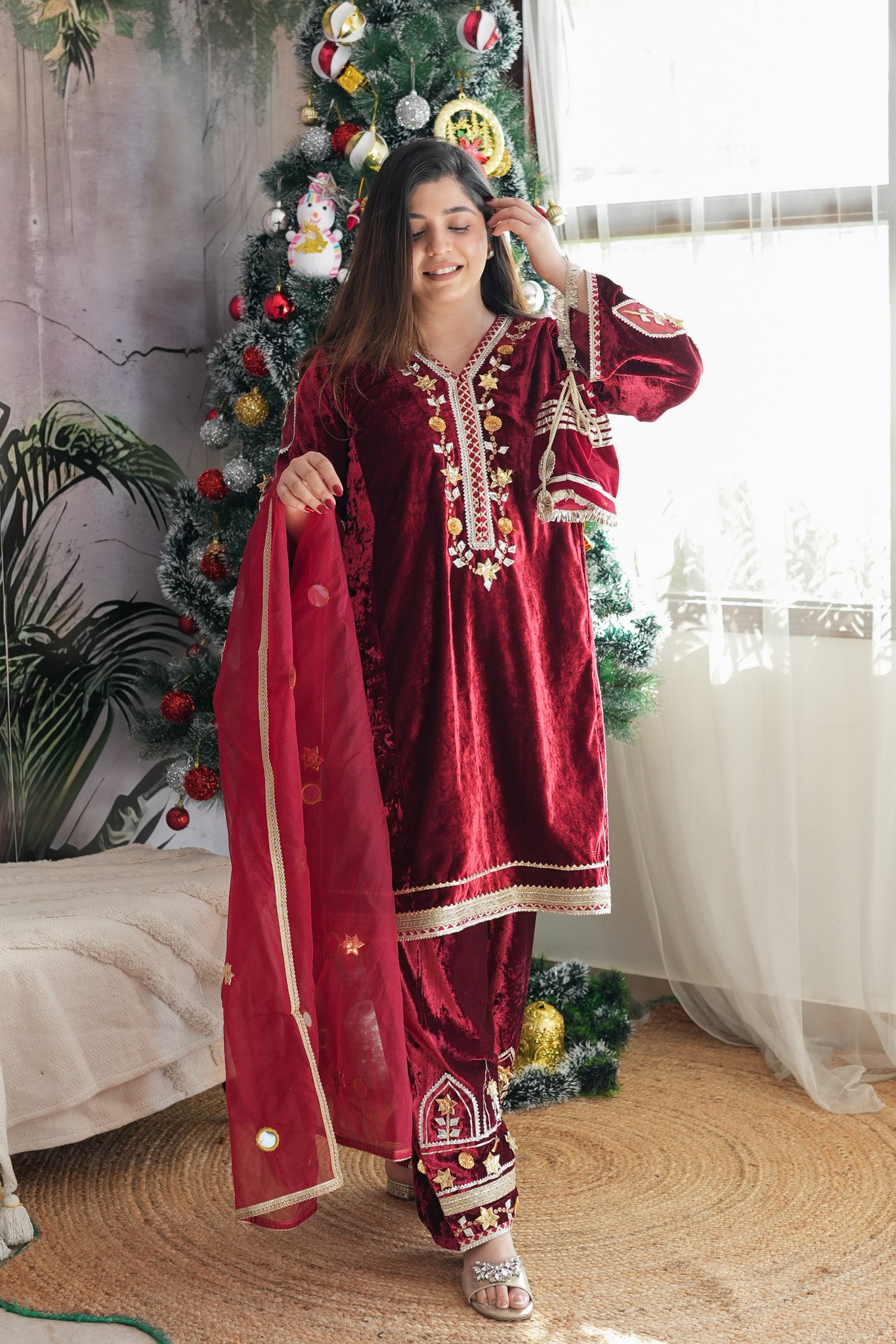 Simar Maroon Velvet Embroidered Suit with Potli Bag