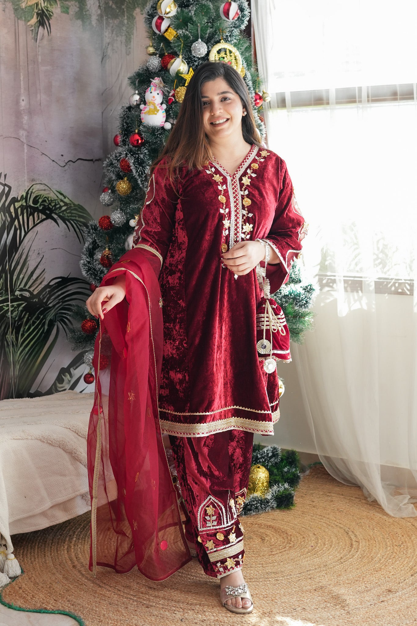 Simar Maroon Velvet Embroidered Suit with Potli Bag