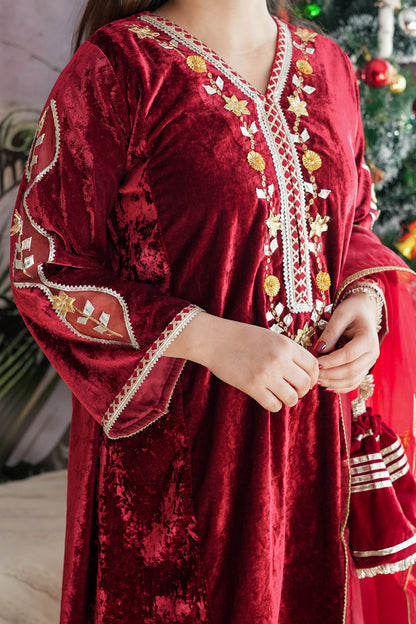 Simar Maroon Velvet Embroidered Suit with Potli Bag