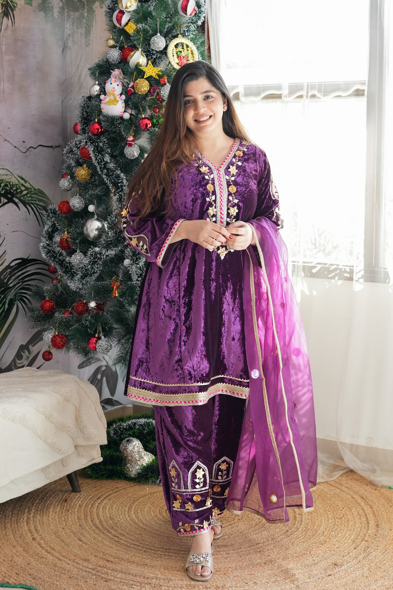 Simar Purple Velvet Embroidered Suit Set with Potli Bag