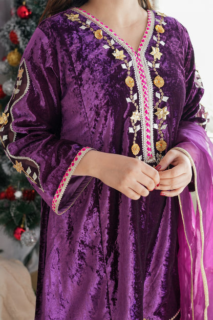 Simar Purple Velvet Embroidered Suit Set with Potli Bag