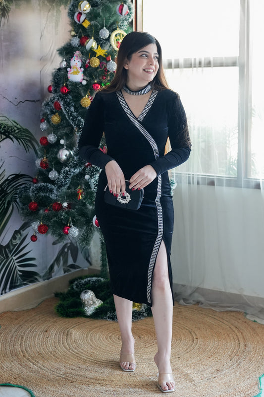 Black Crystal Embellished Front Slit Dress