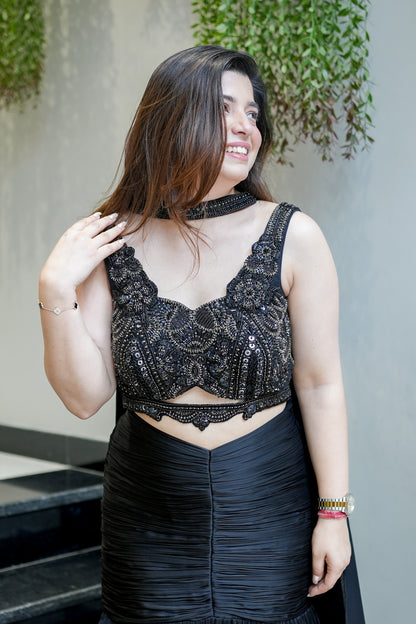 Ananya Black Embroidered Fish Cut Lehenga