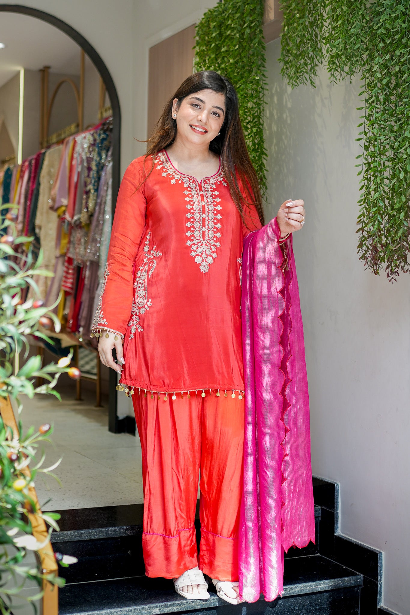 Frizaha Rust Embroidred Suit Set