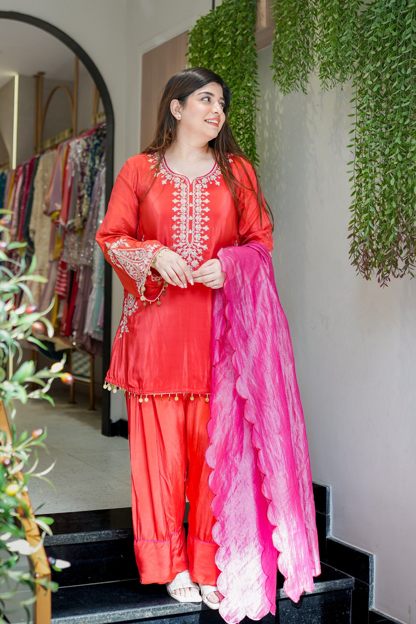Frizaha Rust Embroidred Suit Set