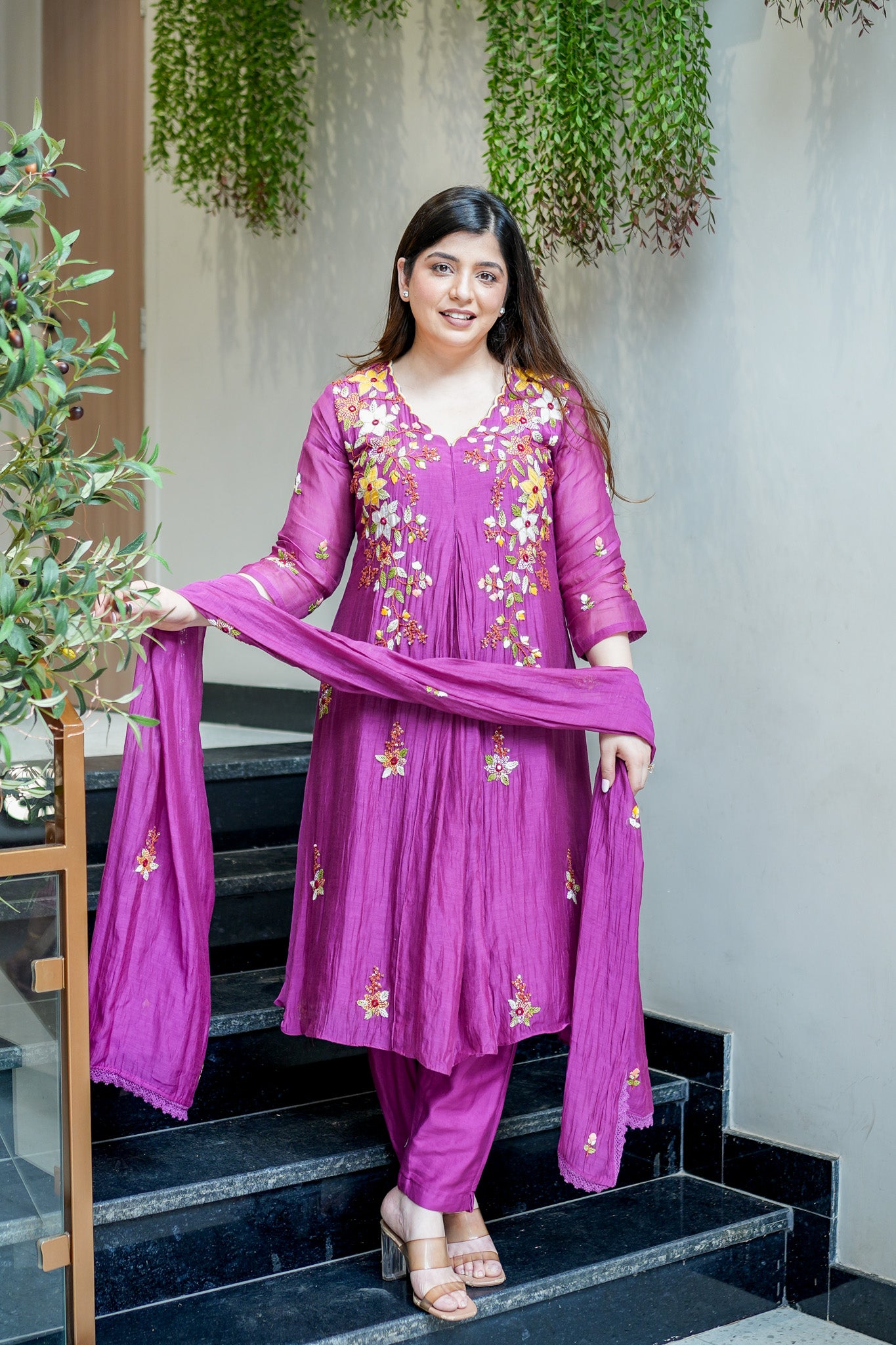 Rama Embroidered Short Anarkali Set