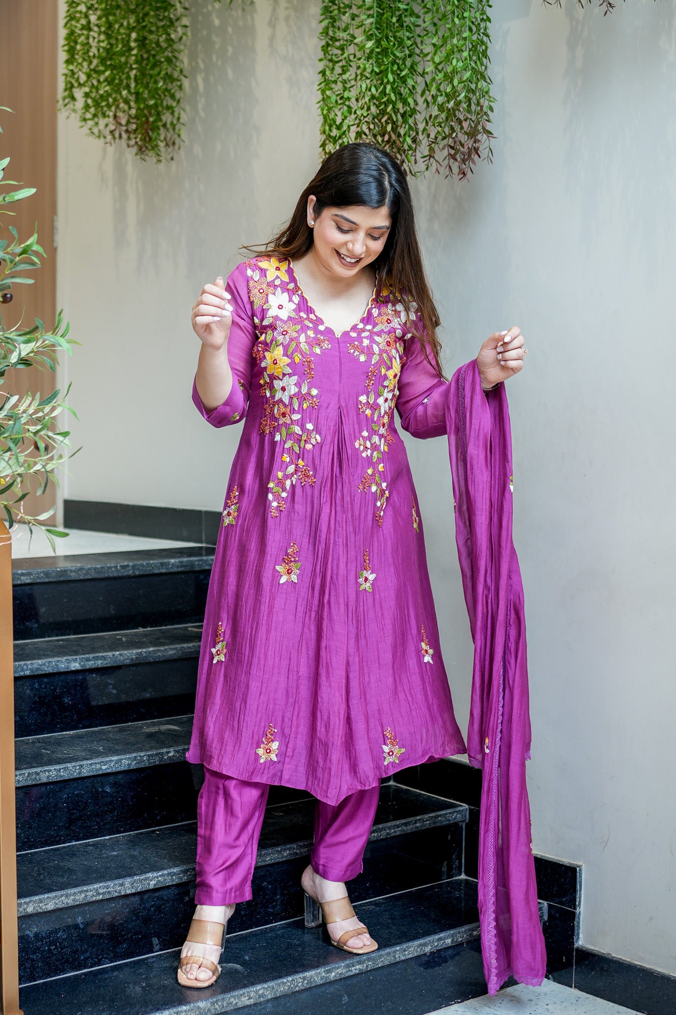 Rama Embroidered Short Anarkali Set