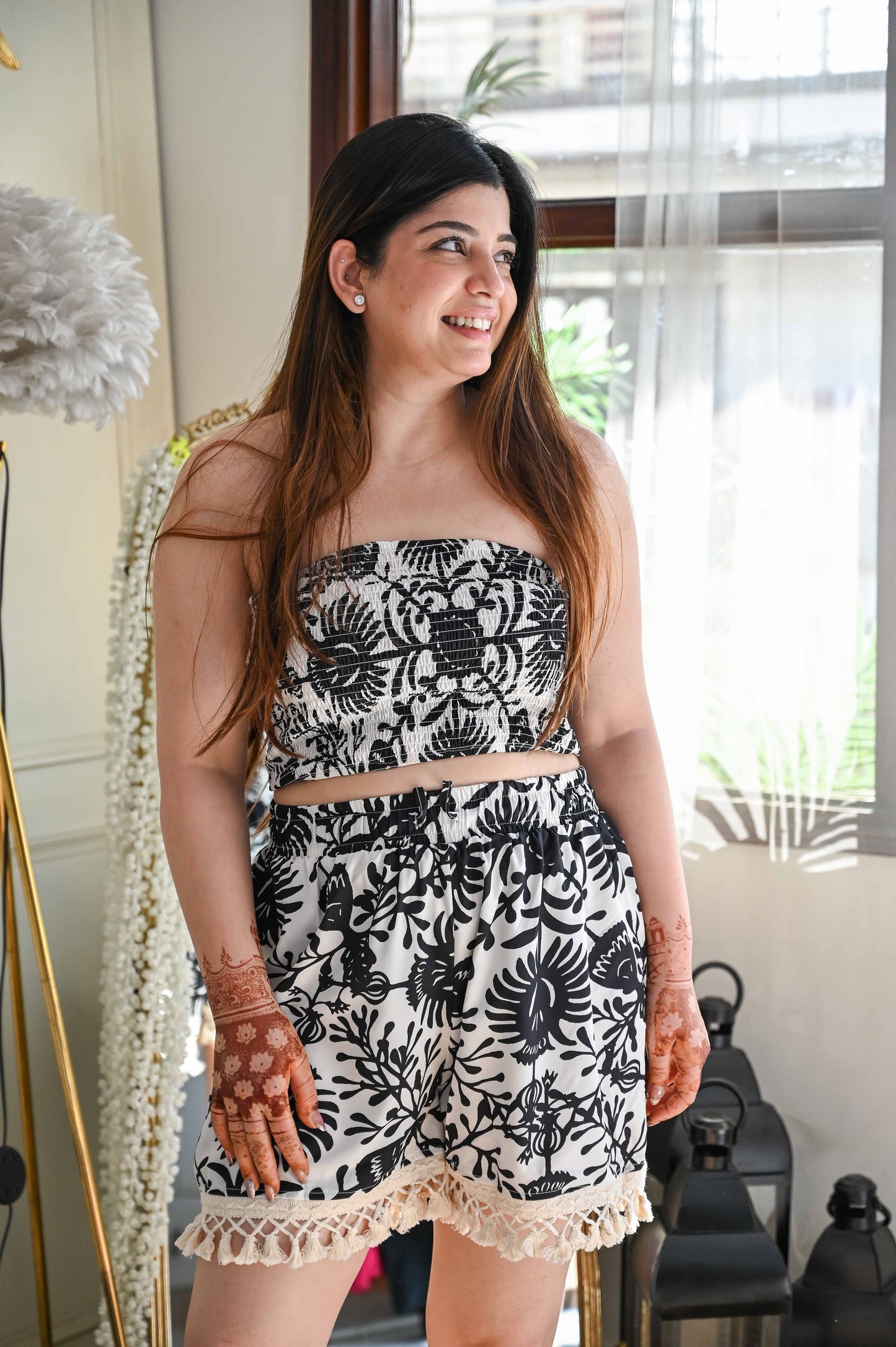 Black Printed Crop Top And Shorts Set