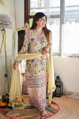 Devna Luxe Yellow Printed Embroidered Suit Set