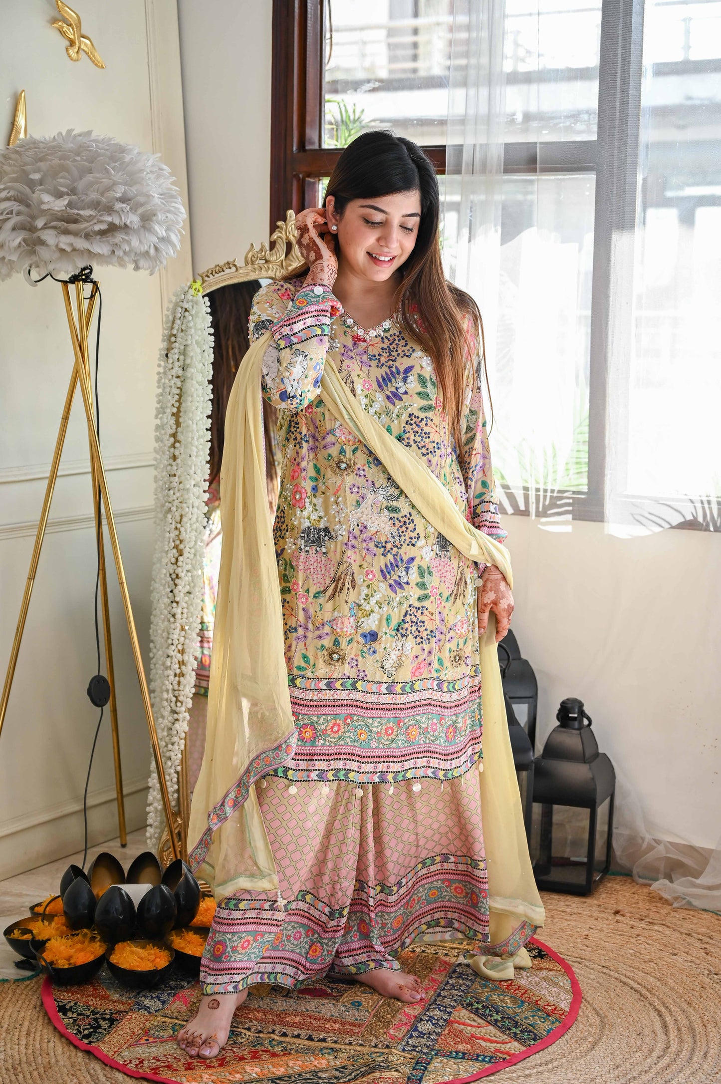 Devna Luxe Yellow Printed Embroidered Suit Set